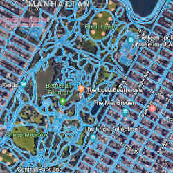 Routes through the center of Manhattan, in New York City, mapped automatically.