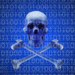 A skull and crossbones over a field of data. 