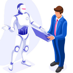 robot in discussion with man holding laptop computer, illustration