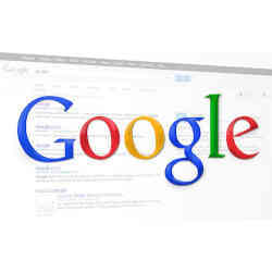 The Google logo over a screen of Google search results.