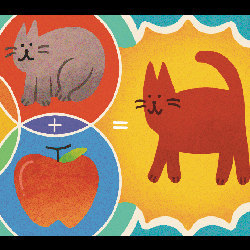 a cat, an apple, and an apple-colored cat, illustration