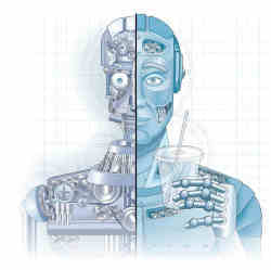 Split-screen image of robots that are less (left) and more (right) human.