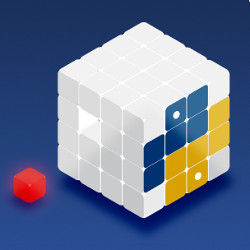 small red cube and large white cube with Python logo, illustration