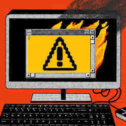 Artist's conception of a desktop computer attacked by malware.