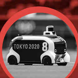 A field support robot fetches discs during the womens discus throw qualification at the 2020 Olympic Games at Olympic Stadium on July 31, 2021 in Tokyo, Japan.