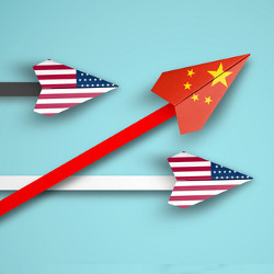 Chinese flag paper airplane flies above U.S. flag paper airplane, illustration