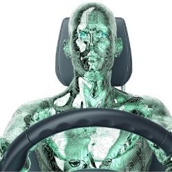 Shiny metallic silver robot sits behind a steering wheel, as if driving 