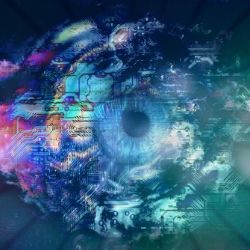 A colorful abstraction of digital transformation, AI, and other themes, with an eyeball at the center.