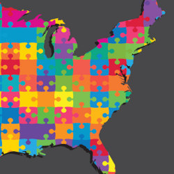 puzzle pieces form U.S. map, illustration