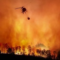 A helicopter drops water from a buck to fight a raging forest fire.