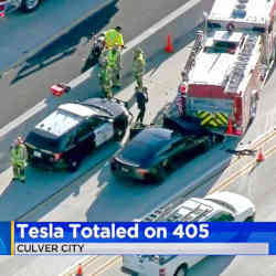 A Tesla Model S crashed into a fire engine on Interstate 405 in Culver City, Calif., in 2018. 