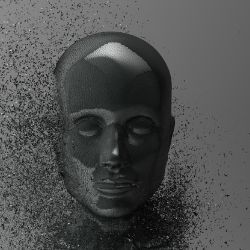 grayscale image of futuristic, metallic, robotic head with bits of data exploding from the left side