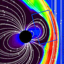 The Earth is at the center of the black circle that is the inner boundary at 2.5 Earth radii. The white lines are magnetic field lines. The colors show density. The blue rectangle indicates where the kinetic model is used, which is coupled with the global