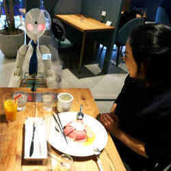 A robot waiter delivers drinks to a customer at the Dawn Cafe in Tokyo.