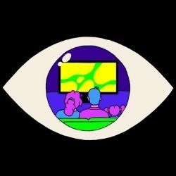 Illustration of a family watching television inside of an eyeball, to imply some entity is watching