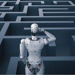 Illustration of a humanoid robot confronted and puzzled by a maze.