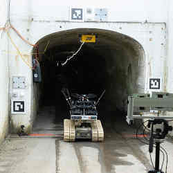 A treaded competitor in the SubT challenge exits the Tunnel Circuit.