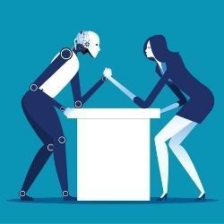 Illustration of a robot and woman arm wrestling.