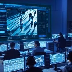 cybersecurity professionals working on computers and watching a surveillance screen