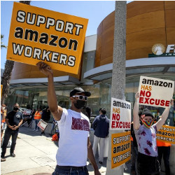 activists and supporters of Amazon workers at a May 2021 protest in Santa Monica