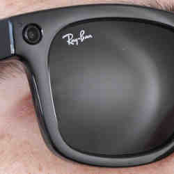 A closeup of Ray-Ban Stories showing the camera built into the frame.