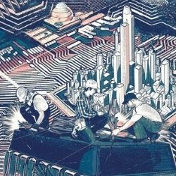 Illustration showing construction workers building microchips in a futuristic city