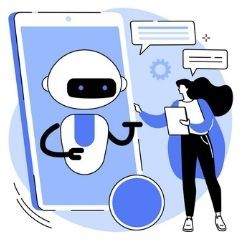 Illustration of woman interfacing with chat bot on mobile phone. Chat bot is embodied as a small robot.