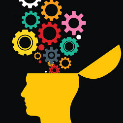 colorful gears above a man's head, illustration