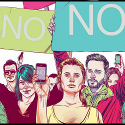 workers hold 'No' signs, illustration