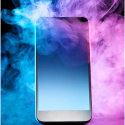 blue and purple smoke surrounds a smartphone 