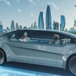 futuristic illustration of couple being driven in a fully autonomous car