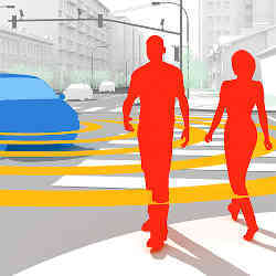 An autonomous vehicle "senses" pedestrians ahead.