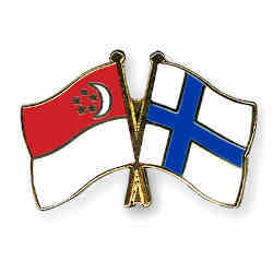 Pins depicting the flags of Singapore (left) and Finland.