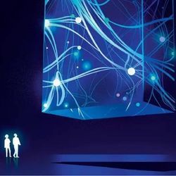 Abstract artist rendering of a large supercomputer, which dwarfs two people who stand below.