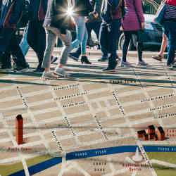 Pedestrian traffic over a map of Melbourne. 