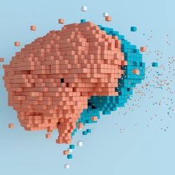 Illustration of a brain rendered as small cubes representing data.