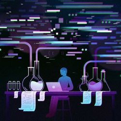 Illustration of computer scientist working on computer in an old-fashioned lab
