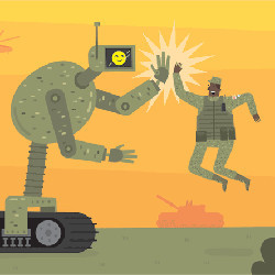 robot high-fives a soldier, illustration