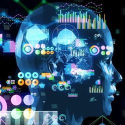 Illustration of a robotic head with various data visualization overlays.