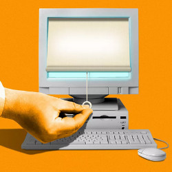 hand pulls shade covering a PC screen, illustration