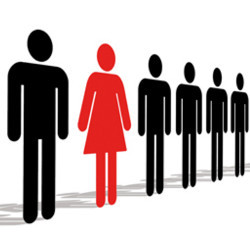 one female and many male stick figures, illustration