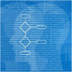 flow chart, head in profile, binary code, illustration