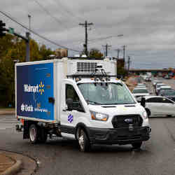 A Gatik self-driving delivery vehicle, making deliveries for Walmart.