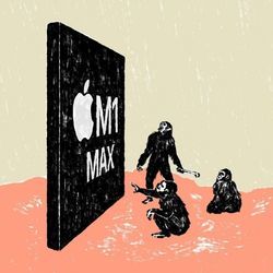 Illustration shows early hominids looking at the new Apple M1 MAX processor, in a scene reminiscent from 2001 Space Odyssey