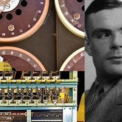 Illustration shows a montage of Alan Turing and antique computing elements.