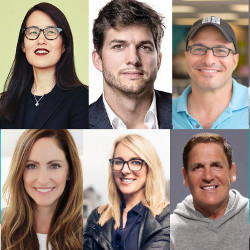 charity auction participants Ellen Pao, Ashton Kutcher, Hadi Partovi, Mark Cuban, April Underwood, and Jana Messerschmidt