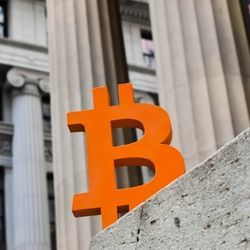 Bitcoin symbol placed government building steps.