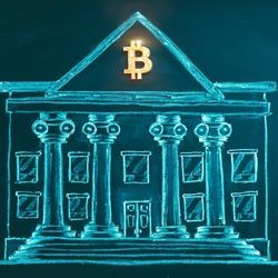 An illustration depicts a government building with the Bitcoin symbol emblazoned on its face.