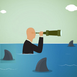 man with telescope stands in shark-infested waters, illustration