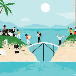 figures carry computer equipment over a bridge to a separate island, illustration